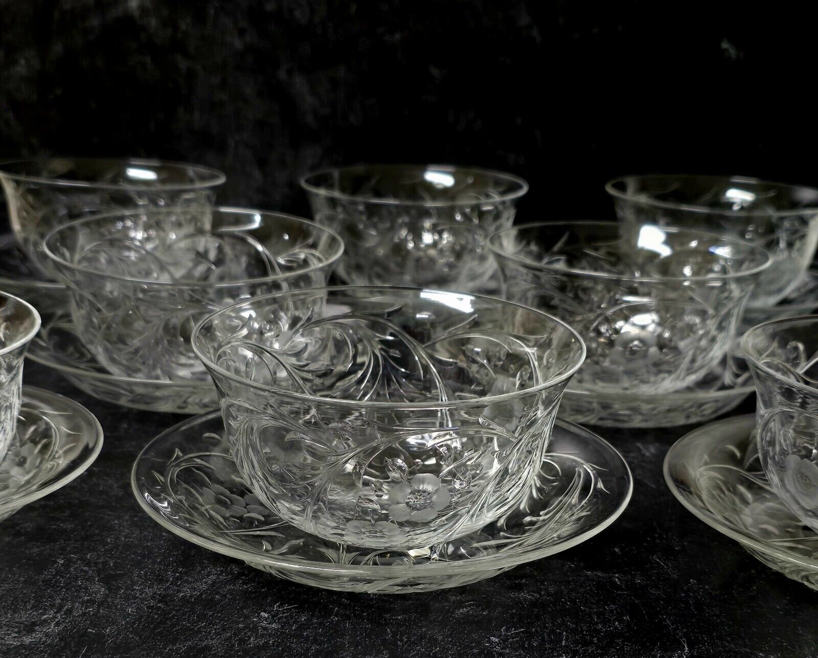 8 Thomas Webb Antique Cut Glass Rock Crystal Finger Bowls & Under Plates