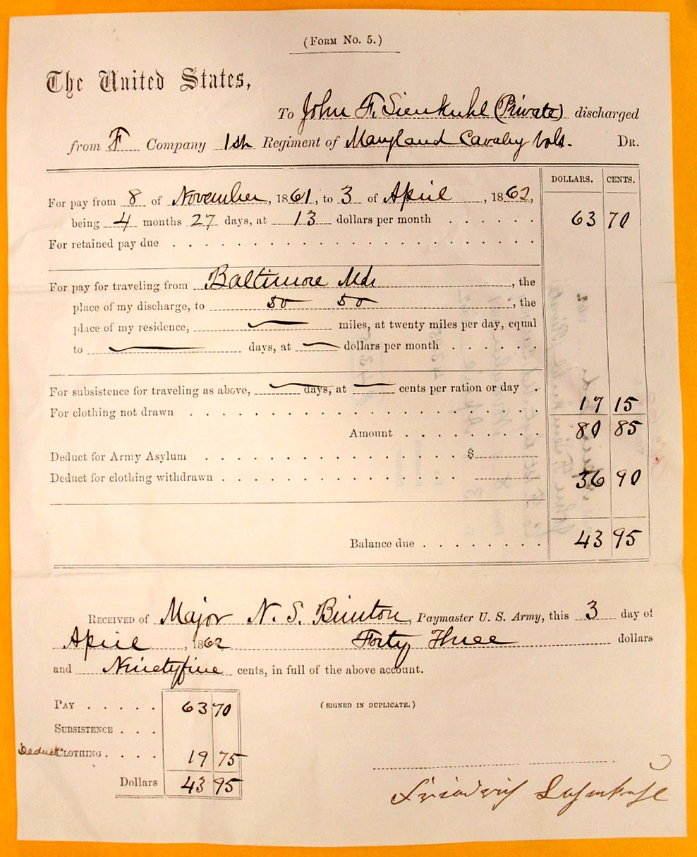 1862 Civil War Union Pay Voucher 1st Maryland Cavalry Soldier Document Autograph