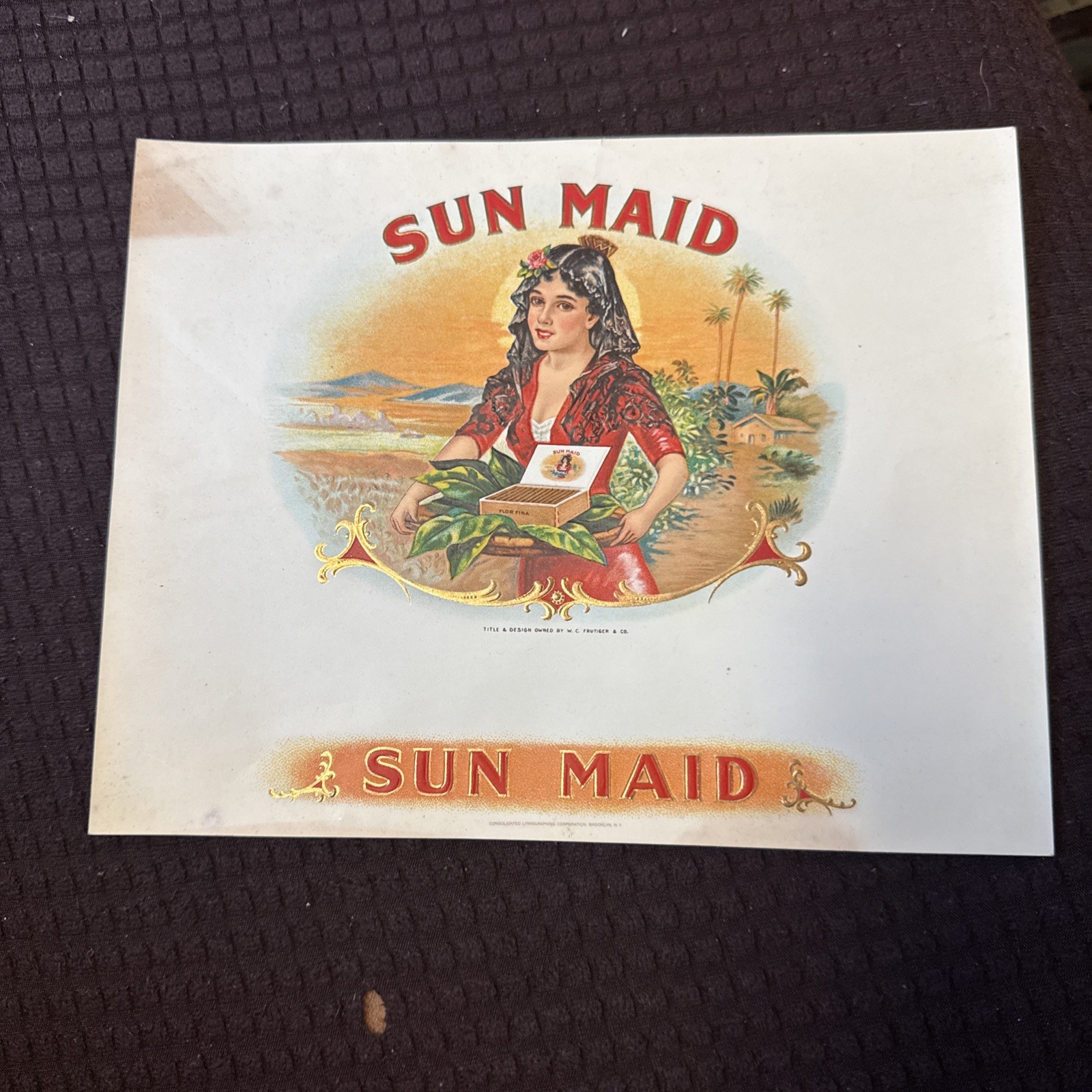 Antique Sun Maid Cigar Box Label 9x7 W C Frutiger Gold Embossed Lithograph