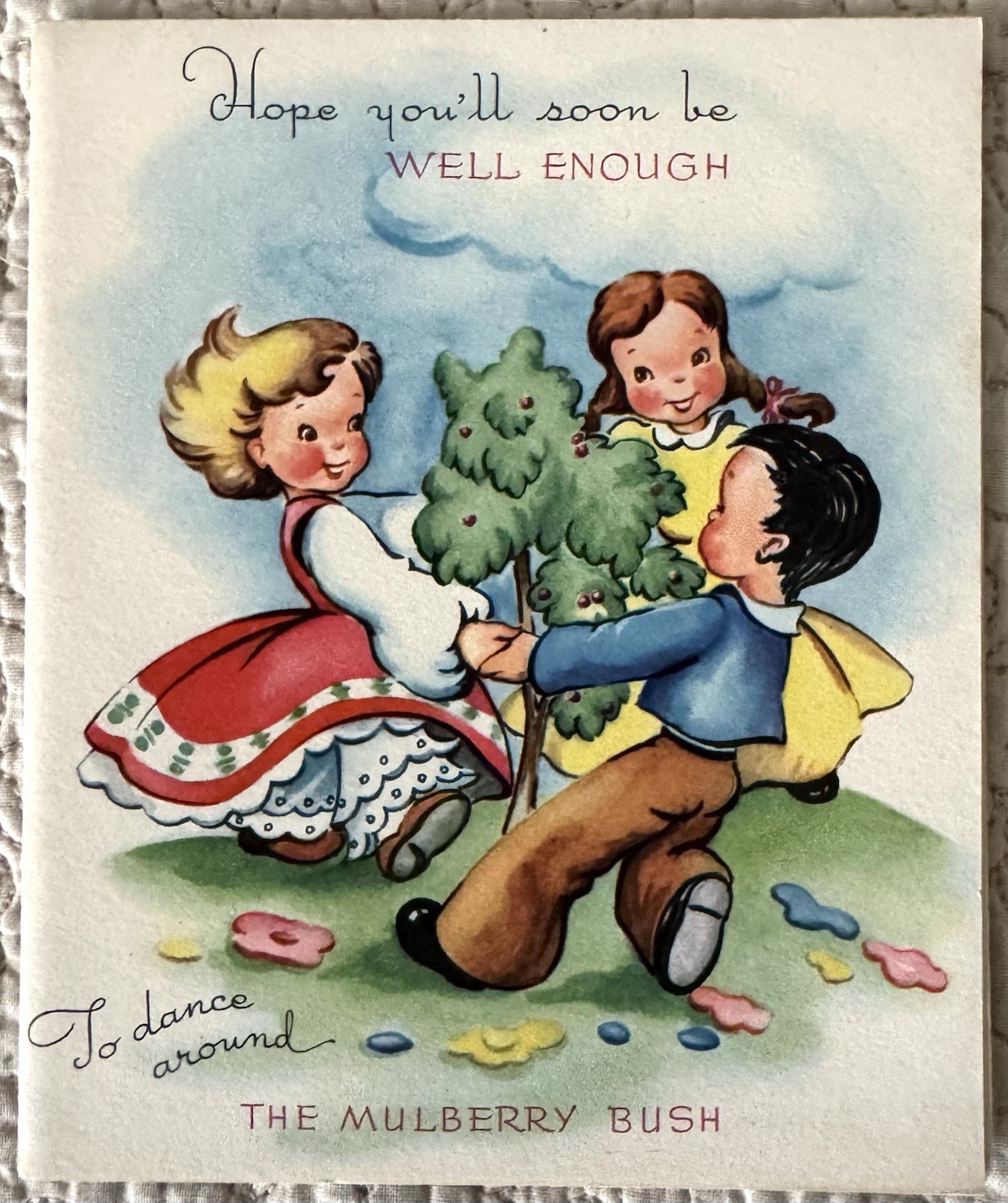 Unused Get Well Mullberry Bush Nursery Rhyme Vintage Greeting Card 1940s 1950s