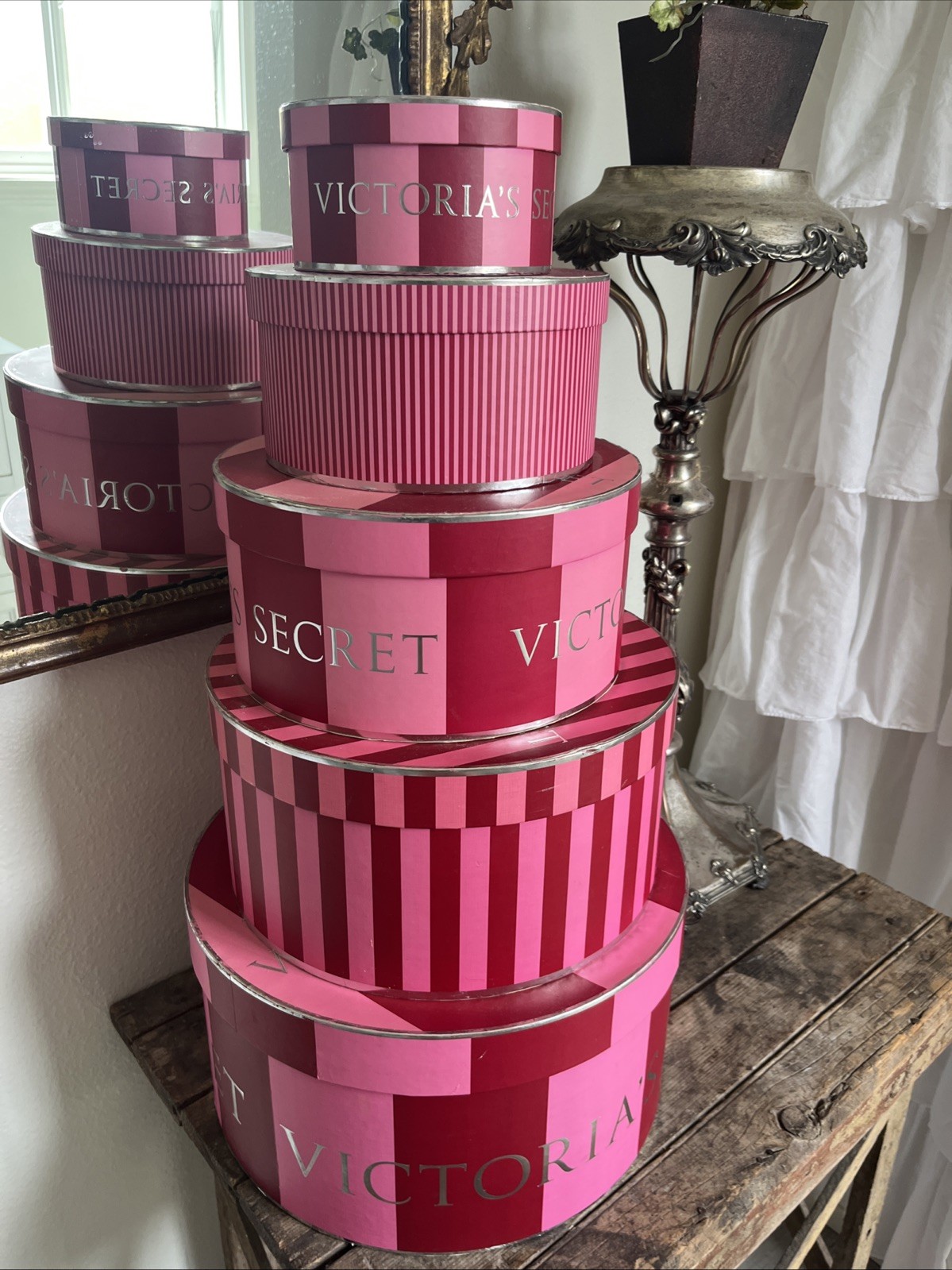 HUGE Victoria's Secret VINTAGE Red Pink Striped Collectible Display Hat Box Set