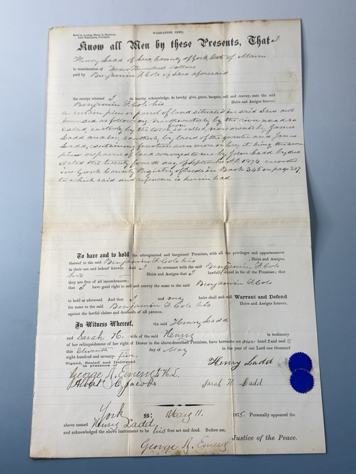1875 York County Maine Land Warranty Deed Henry Ladd Benjamin Cole Seals