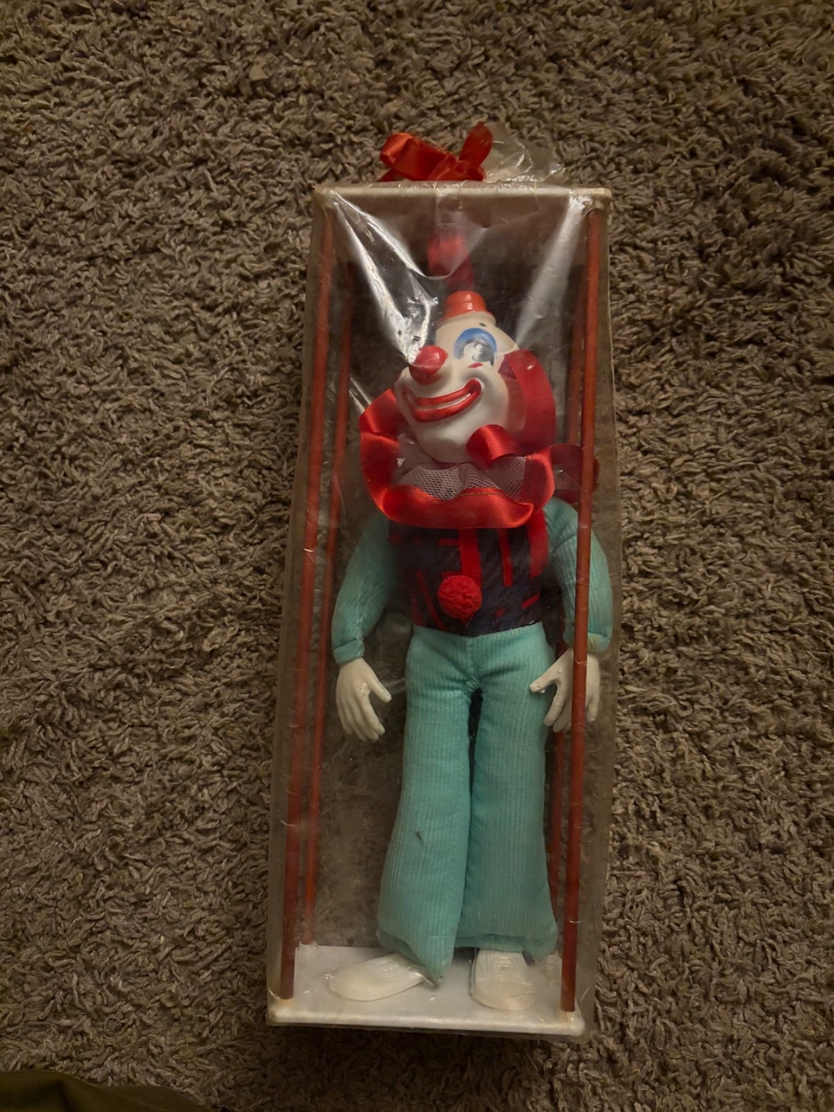 VINTAGE 11 INCH CLOWN WITH PLASTIC HEAD, FEET AND HANDS NEW IN ORIGINAL BOX