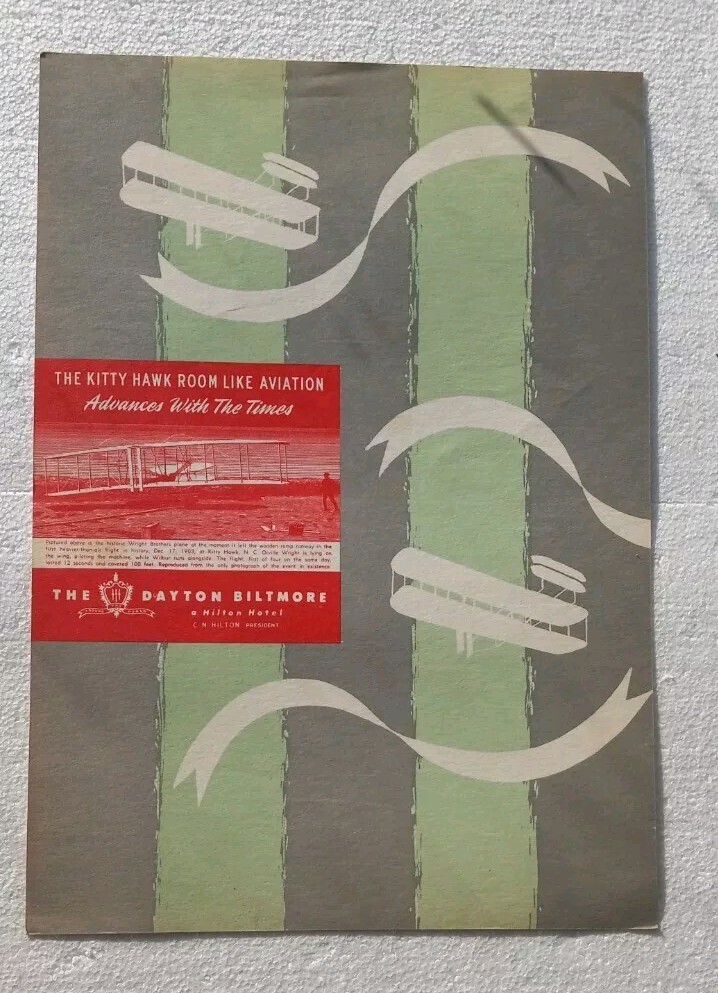 Vintage 1954 Dayton Biltmore Hotel Kitty Hawk Room Restaurant Dinner Menu