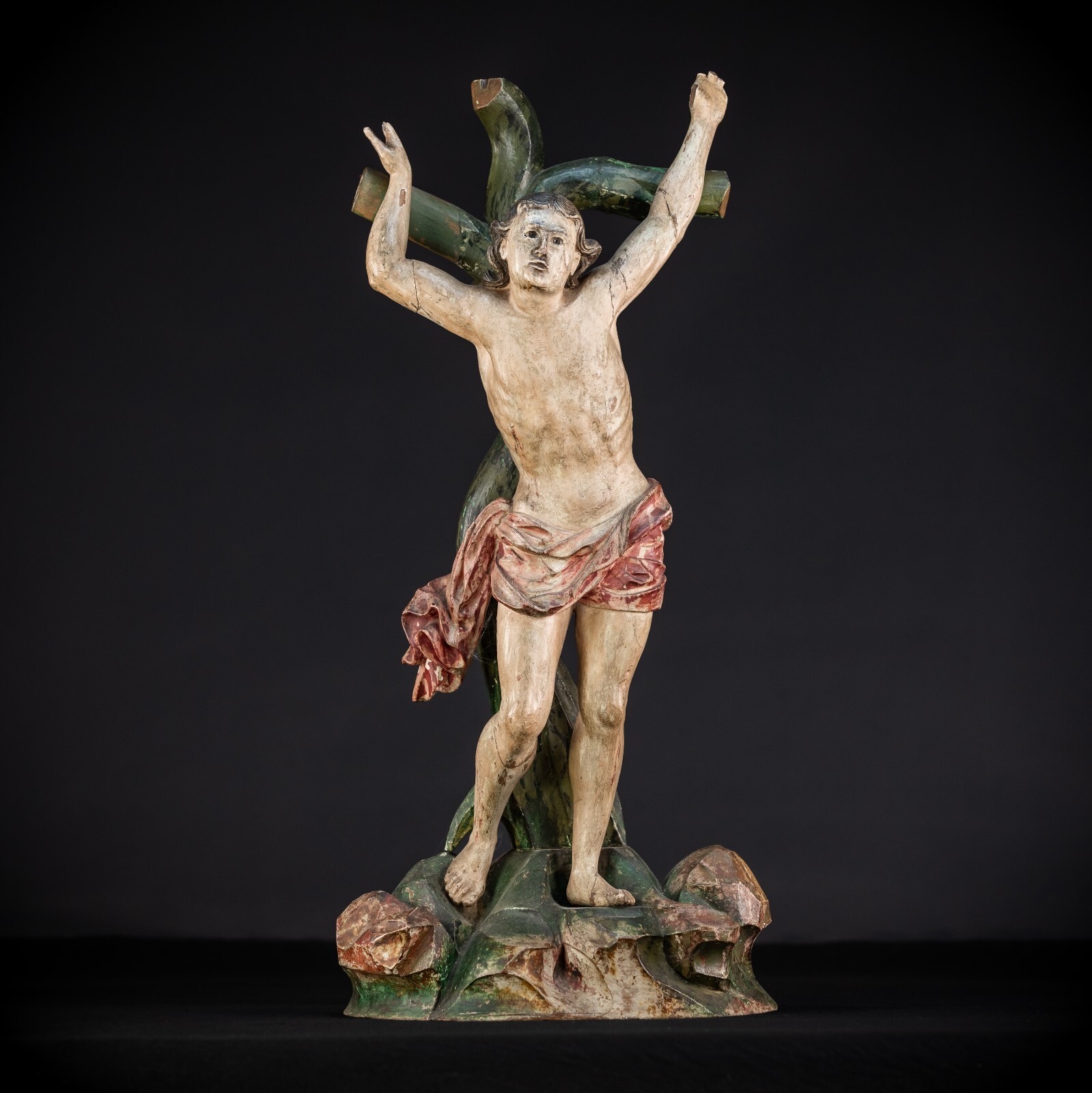 Saint Sebastian Wooden Statue | 1600s Antique St Martyr Wood Glas Eyes | 23.6”_