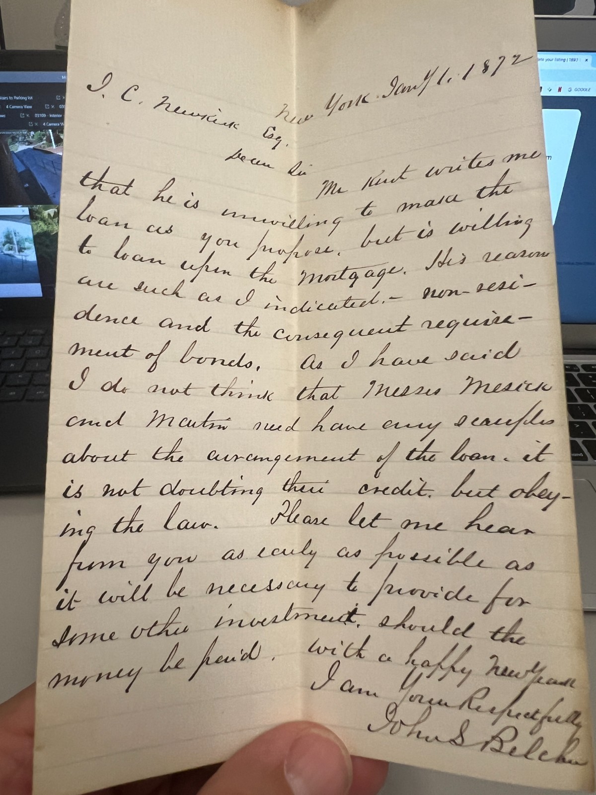 January 1872 New York Handwritten Letter w/ \