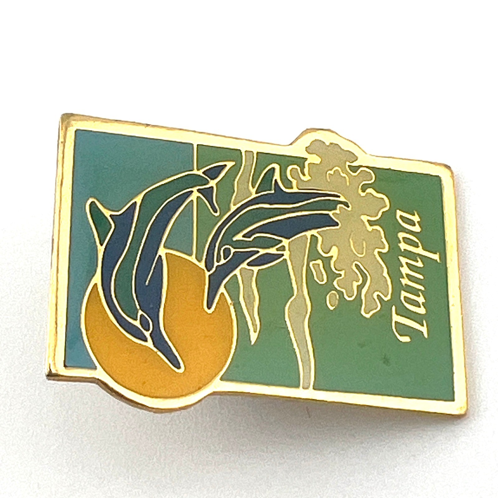 Vtg Tampa Florida Dolphins Sunset Enamel Pin Green Gold Tone 1in