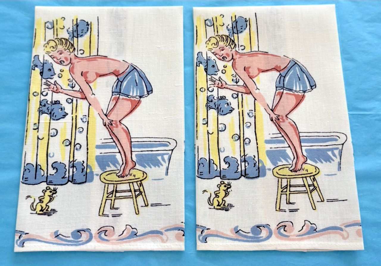 Vintage Tea Towels 1950s Guest Bath Bar Towels Risque Girls Fish Linen MCM Retro Vintage Tea Towels 1950s Guest Bath Bar Towels Risque Girls Fish Linen MCM Retro