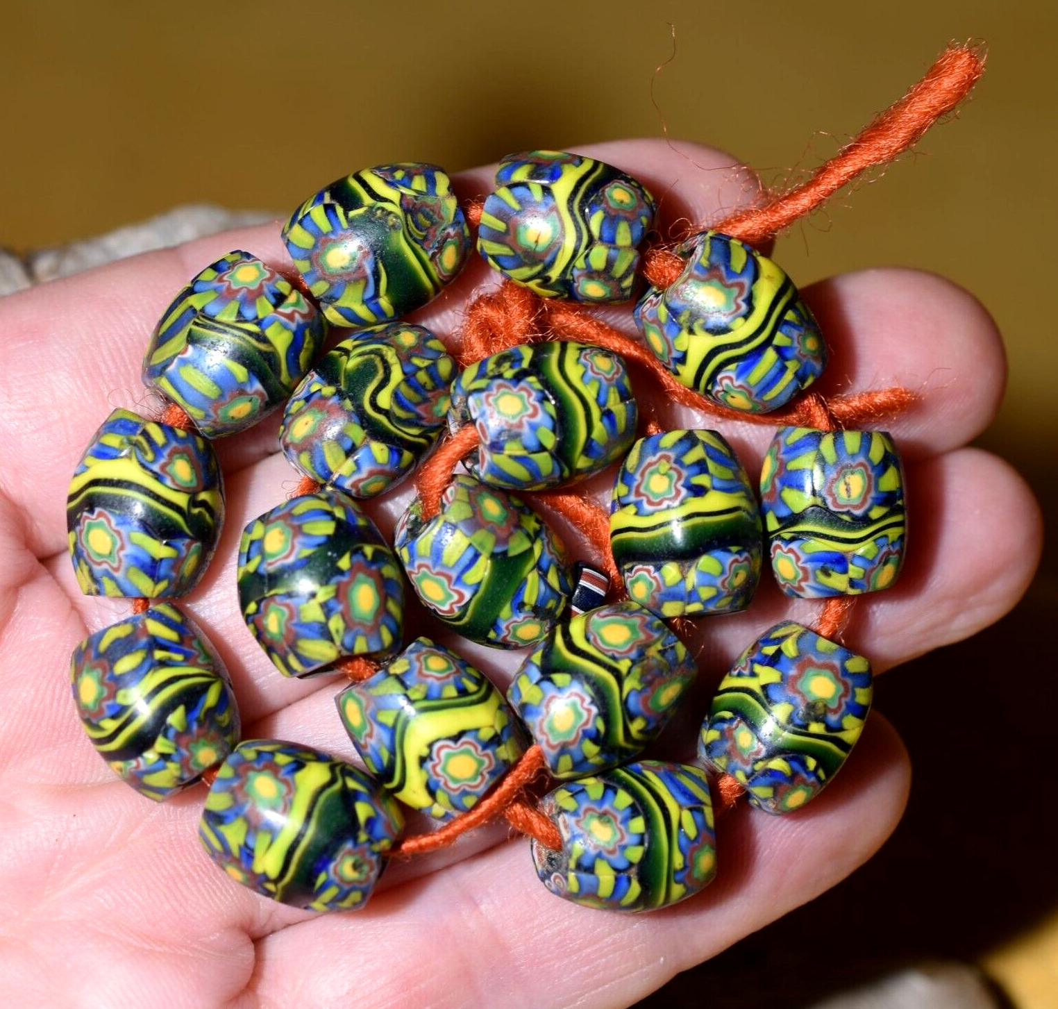 Antique Venetian Millefiori Cane Insert Oval Glass Beads W Stripes African Trade