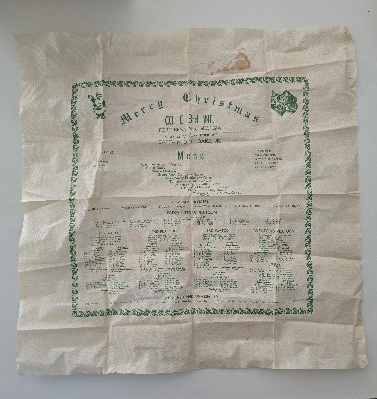 WWII Era Christmas Menu Paper Napkin ~ Ft Benning GA Co C 3rd Inf ~ Ultra Rare