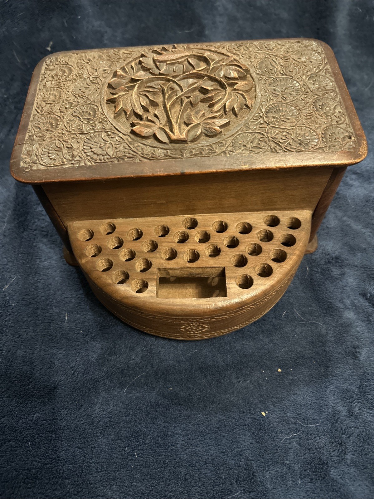 Rare Handmade India Walnut Cigarette Box With Unusual Half Circle Flip Front