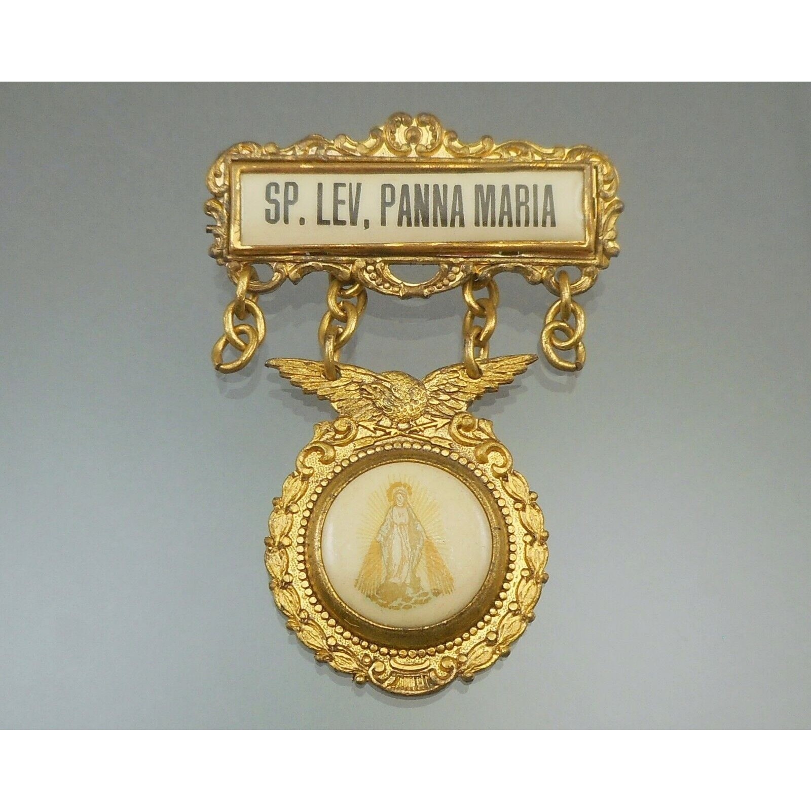 Antique Polish Catholic Religion Miraculous Medal Pin Panna Maria Mary Celluloid