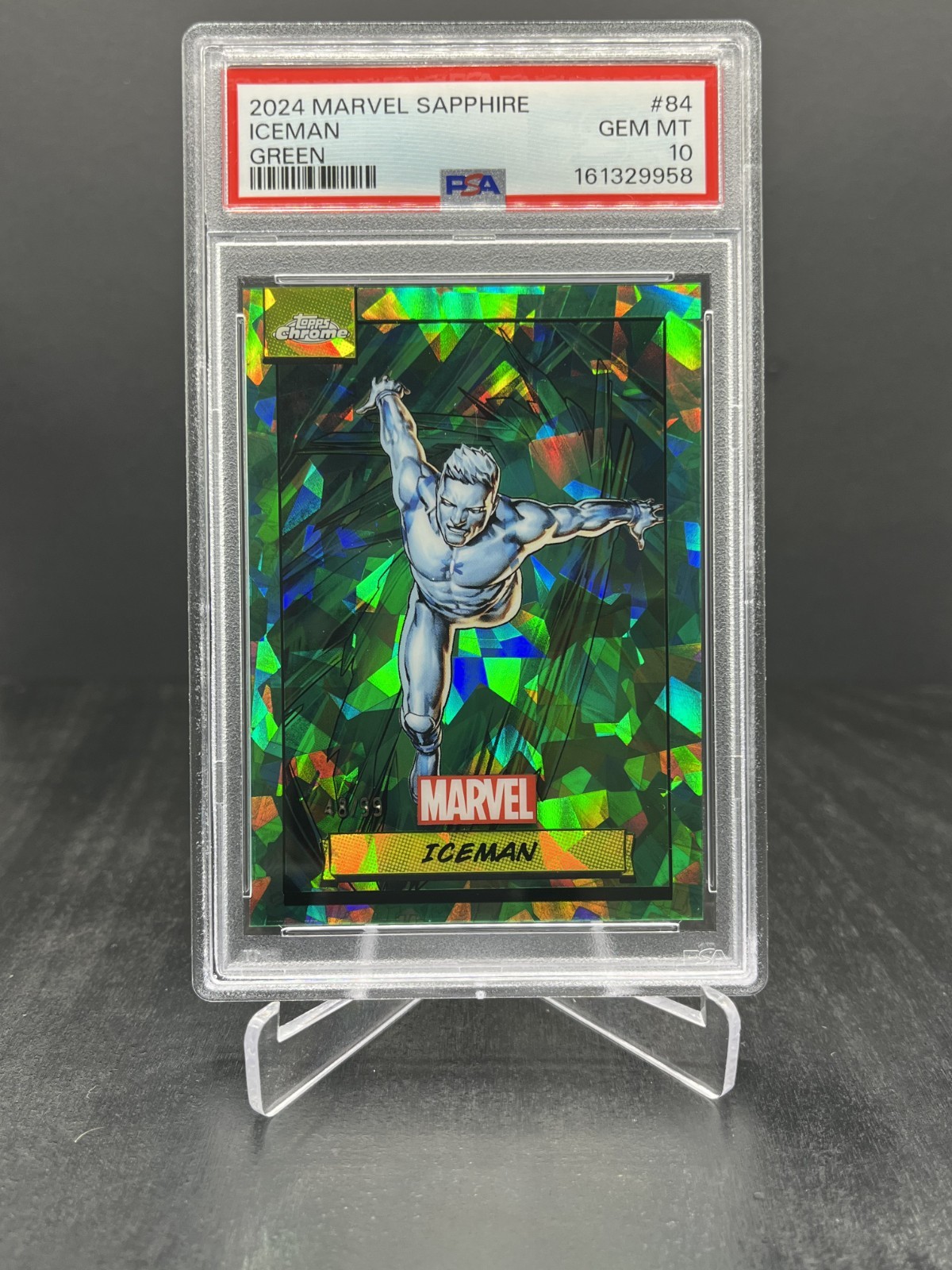 2024 Topps Chrome Sapphire Marvel Iceman Green 48/99 PSA 10 #84 2024 Topps Chrome Sapphire Marvel Iceman Green 48/99 PSA 10 #84