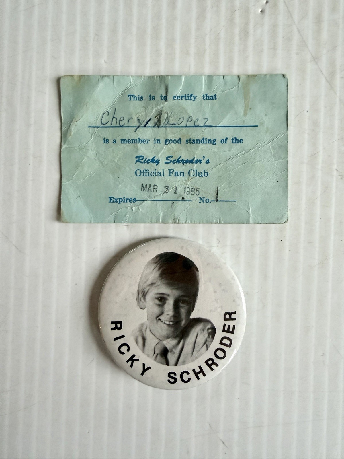 Vintage Ricky Schroder Pin Button & Fan Club Card, Rare