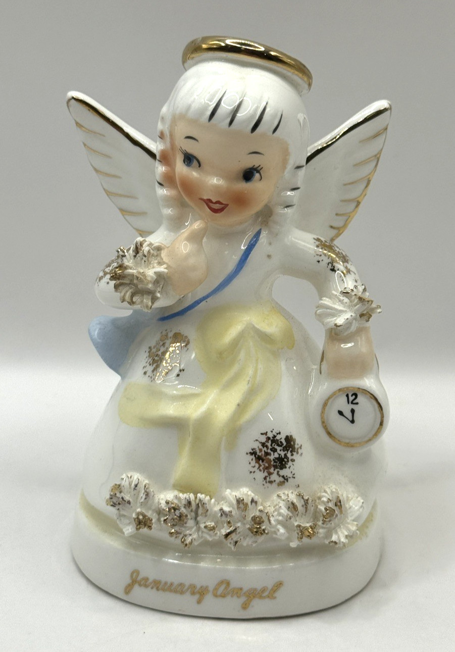 Vintage JANUARY Birthday Angel Girl Figurine 4.25” Spaghetti Trim