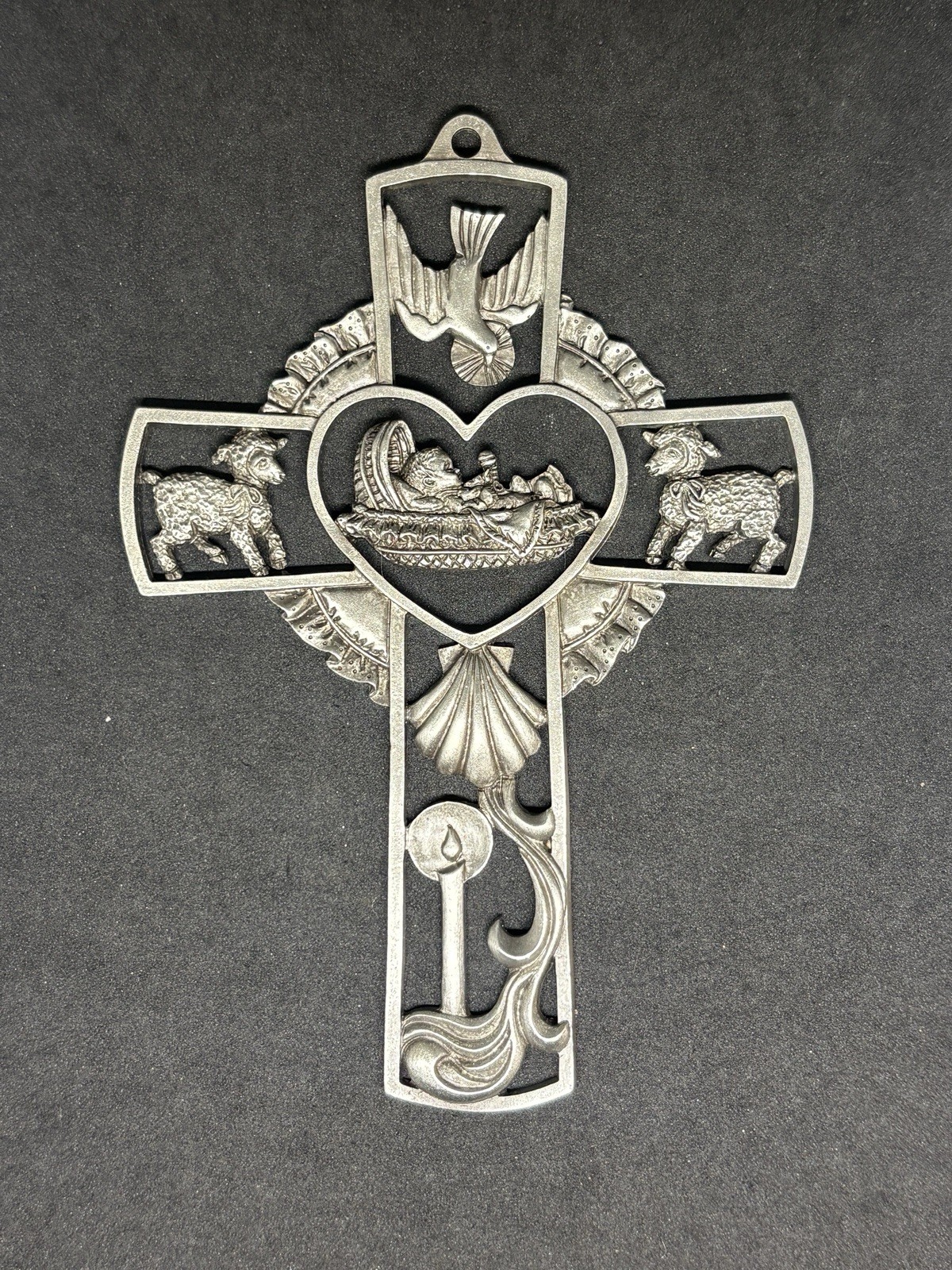 JCC Religious Fine Pewter 2000 Genuine Pewter Cross - Baby, Lambs, Dove 5.25 In