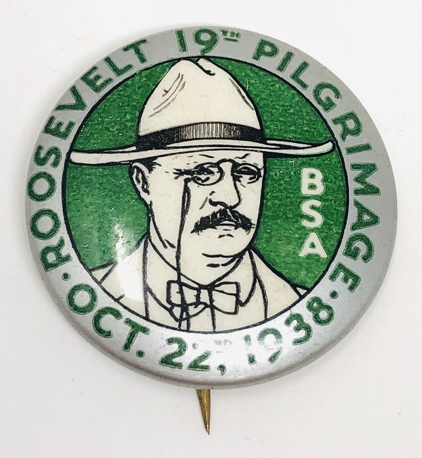 RARE 1938 BSA Roosevelt 19th Pilgrimage Pin Button Boy Scouts 