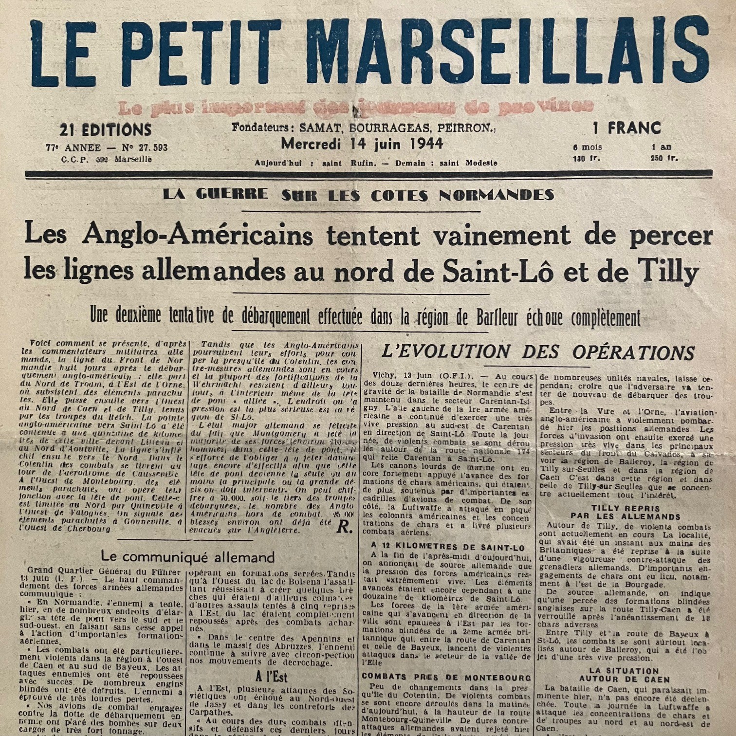 Journal Le Petit Marseillais 14/06/1944 WW2 # Barfleur Saint-Lô Tilly # Darnand