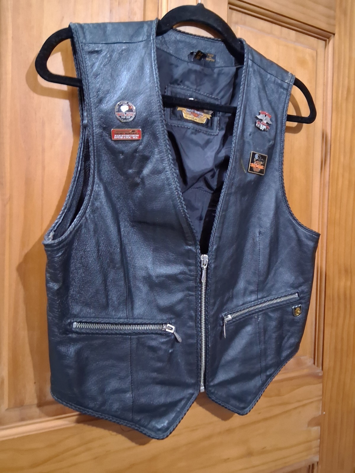 Rare Vintage Harley Davidson Leather Vest With Panther Patch And Vintage Pins