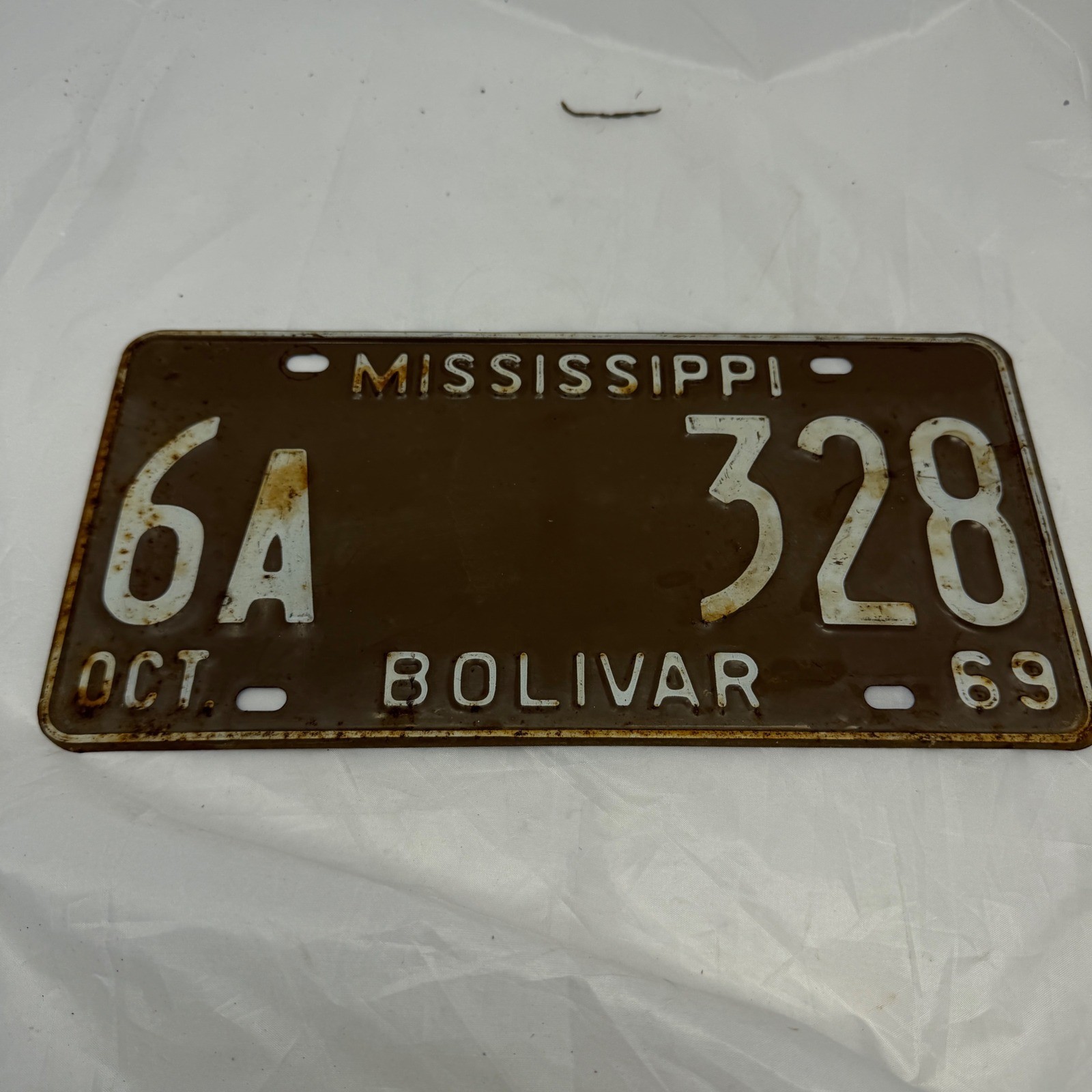 Vintage 1969 Mississippi License Plate Bolivar County Brown 6A 328 Oct 69