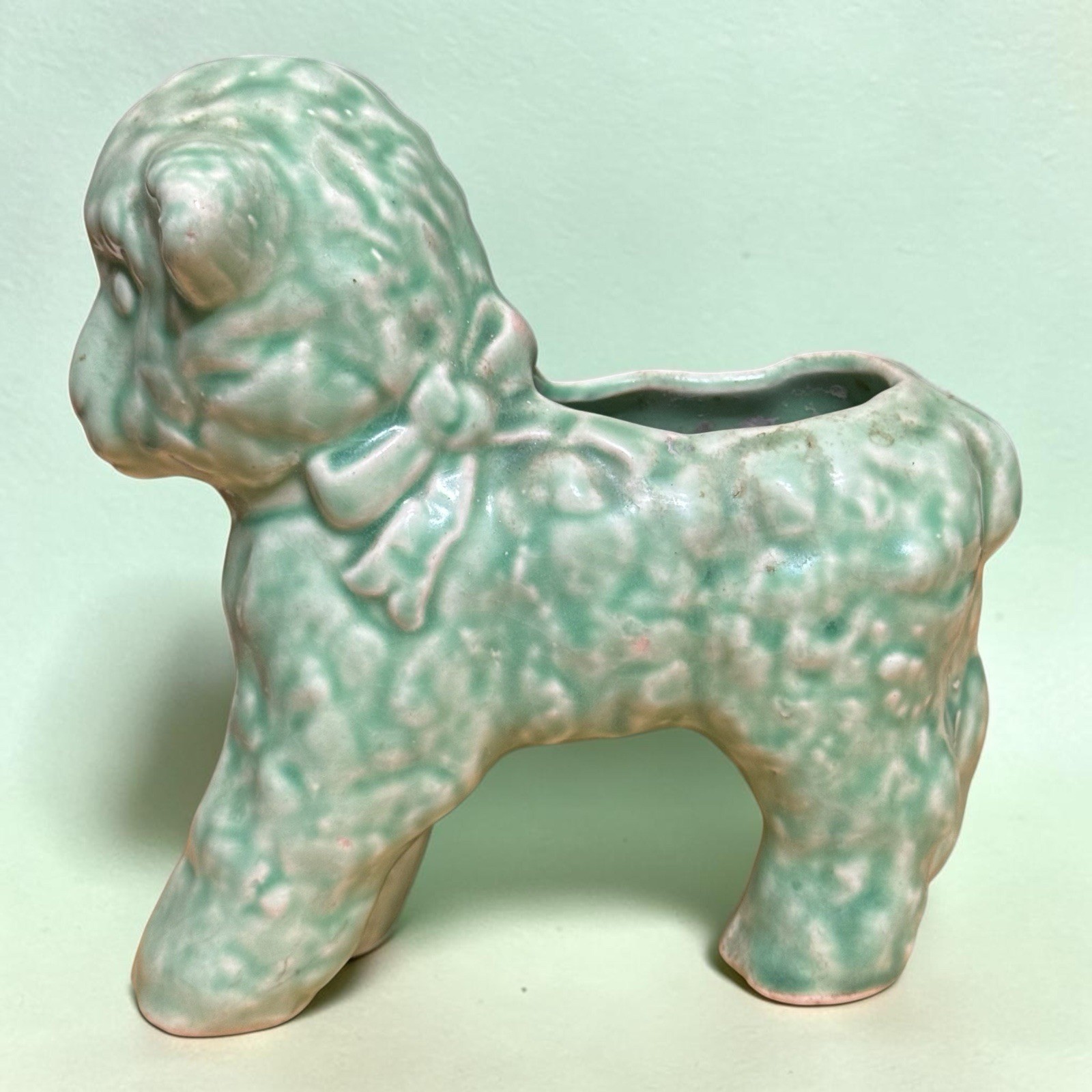 Vintage Mid Century Green White Lamb Planter Ceramic Textured Baby Nursery Rare