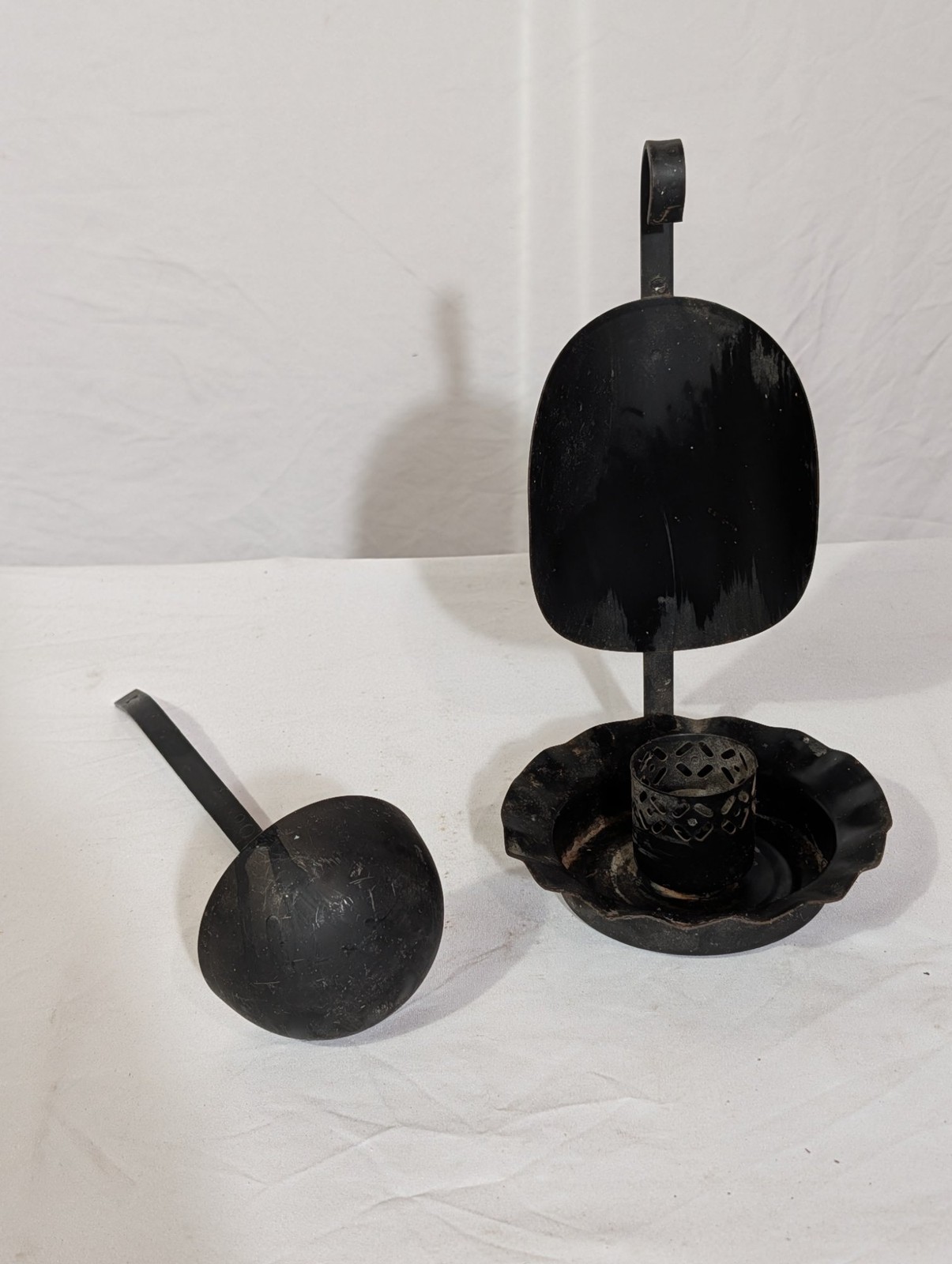 Colonial Revival Black Tin Iron Wall Candle Sconce Oval Reflector Ladle 3 Pc Set