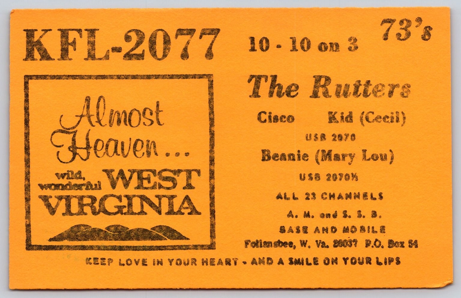 Vintage CB Radio QSL Card - The Rutters, Follansbee, West Virginia B57
