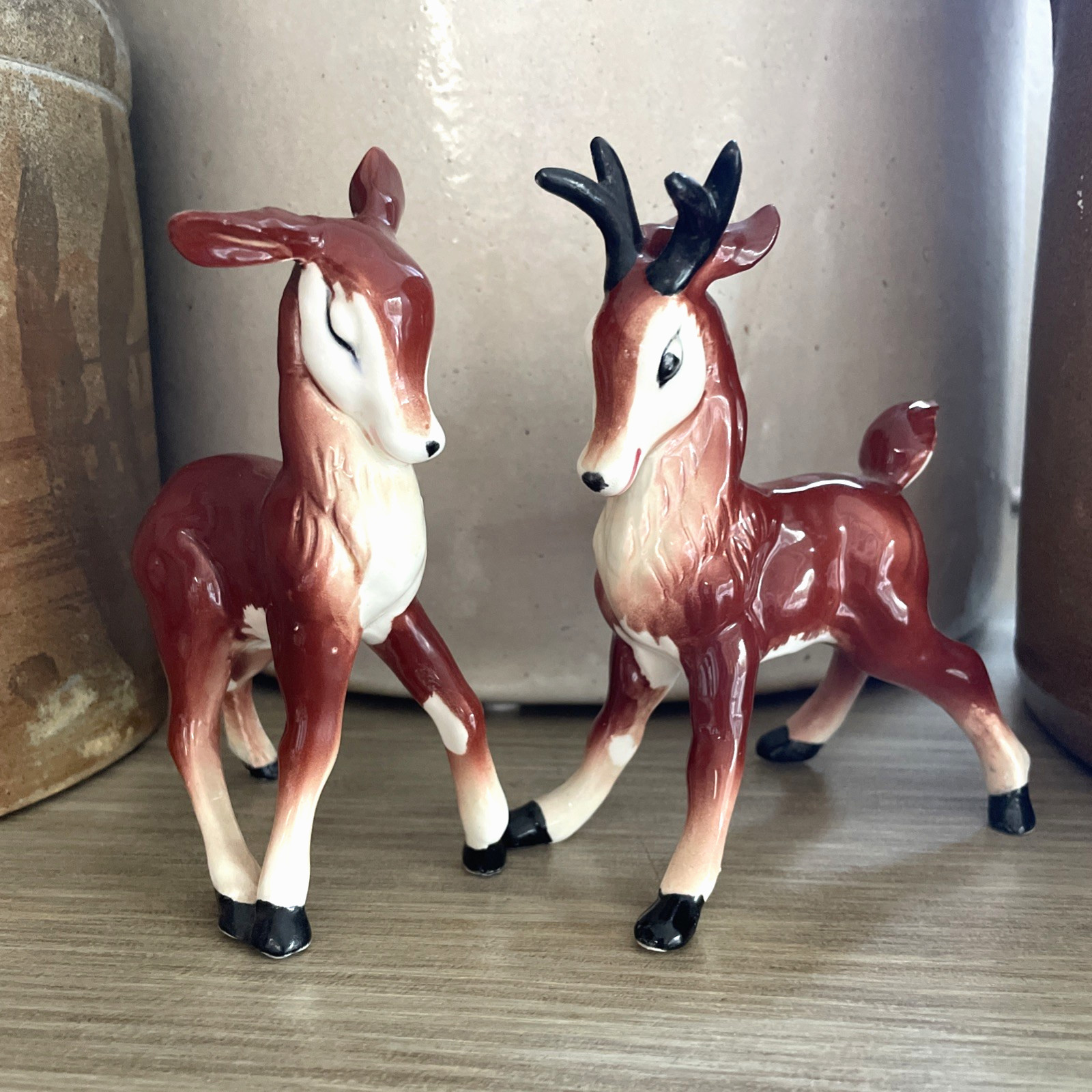 VTG Kreiss Japan Ceramic Prancing Buck Doe Deer Salt Pepper Shaker Set 1950s MCM