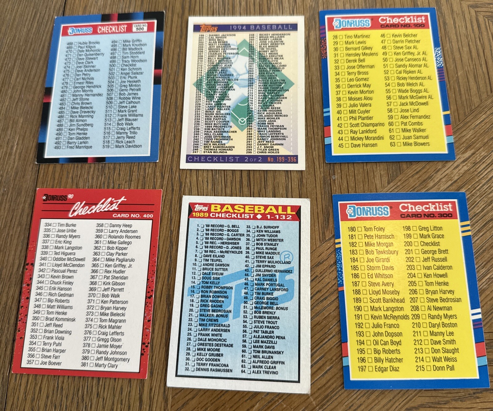 Lot Of 6 Checklist Cards Including 1989 Topps Checklist 1-132 #118 & Donruss