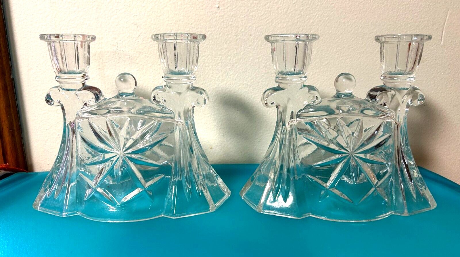 Vintage Clear Crystal Glass Double Candle Sticks Set of 2