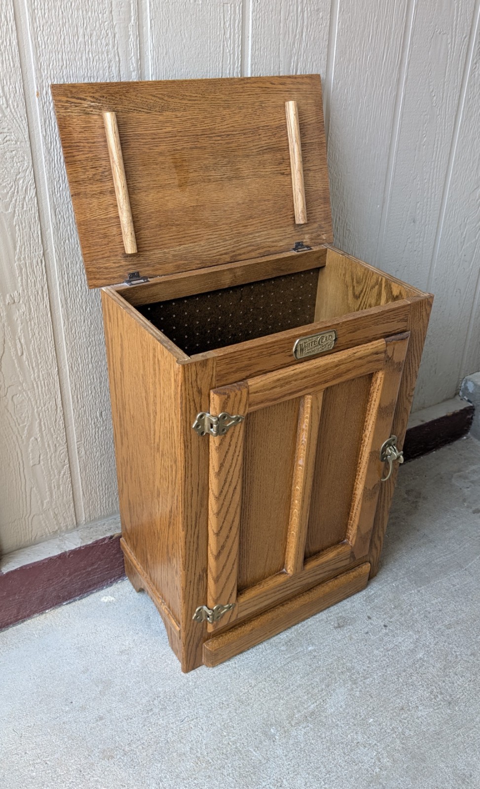 Vintage White Clad Oak Wood Ice Box Laundry Hamper Trash Can Bin Storage Cabinet