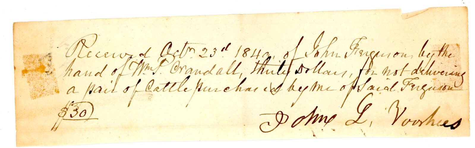1849 Handwritten receipt John L Voorhees Deliver Sale Cattle WM P Crandall