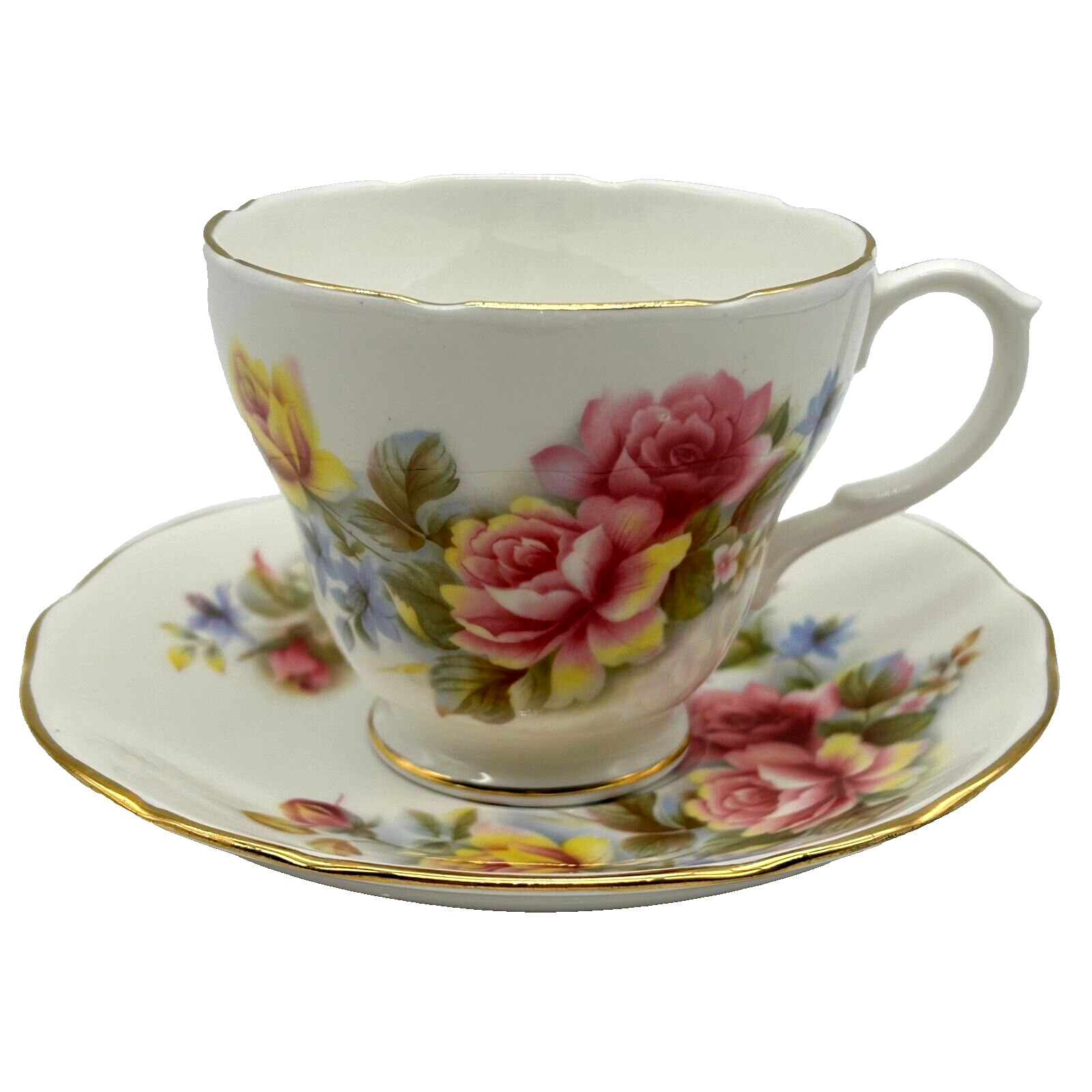 Duchess Bone China Multicolor Roses Floral Teacup & Saucer Set Gold Trim England