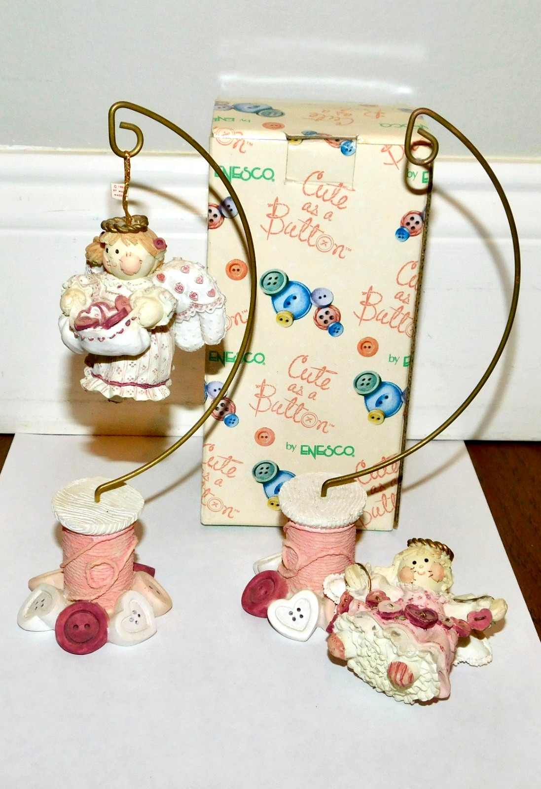 VINTAGE Lot 2 Enesco Cute As A Button Flying Angel Ornaments w/Spool Stand Box
