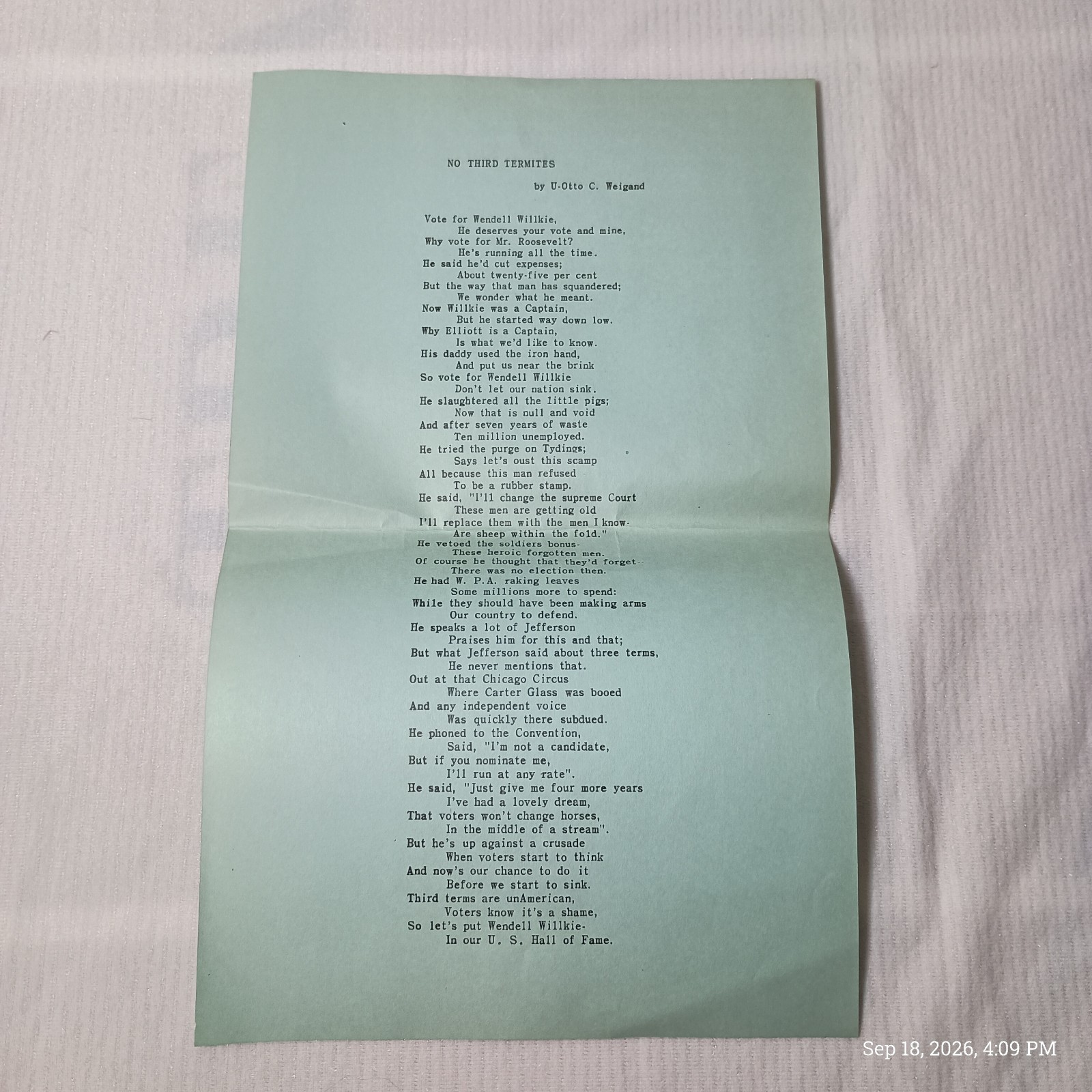 Wendell Willkie FDR Campaign Constitutionalists No Third Term ites  Song Lyrics