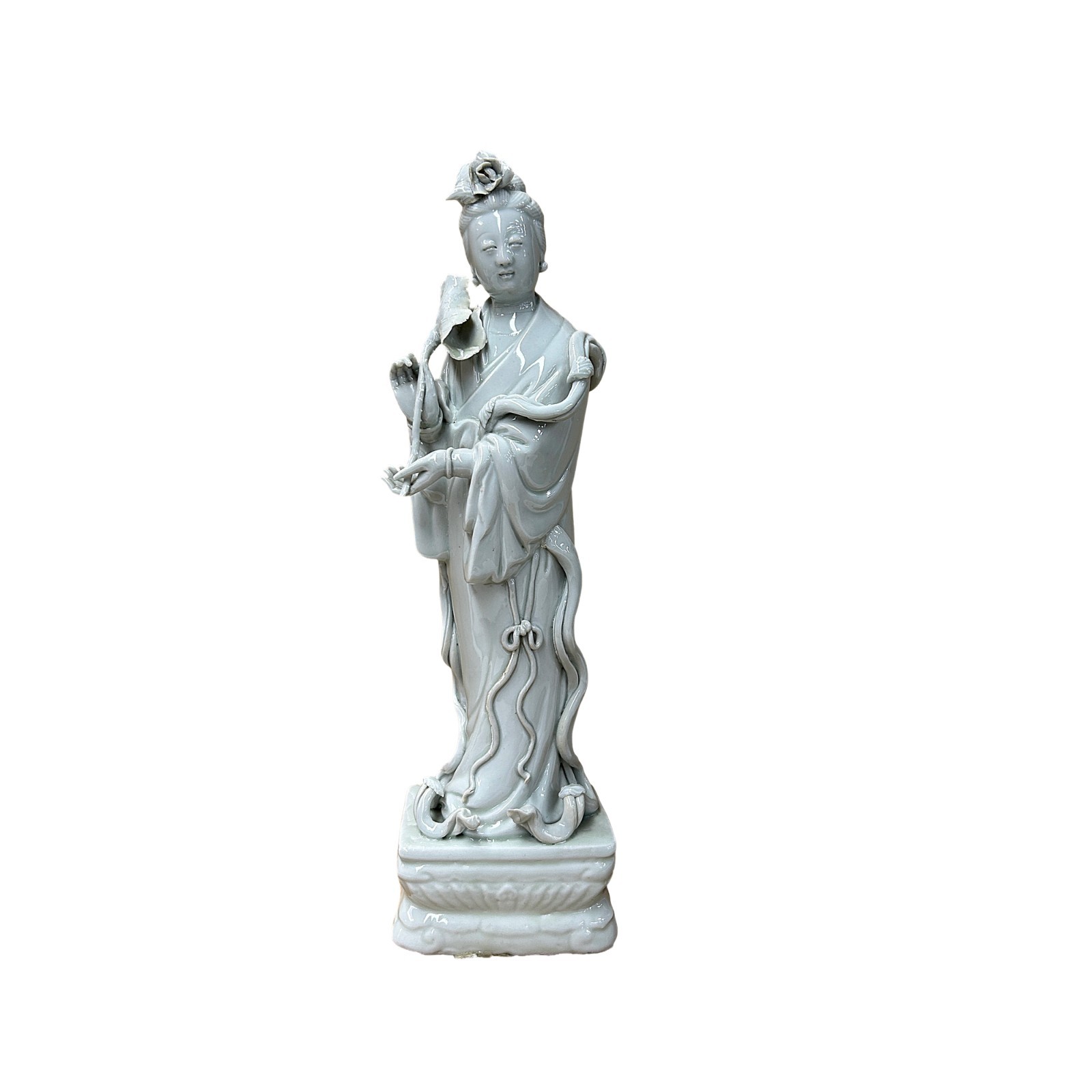 Vintage Off White Porcelain Standing Bodhisattva GuanYin Lotus Statue GB859