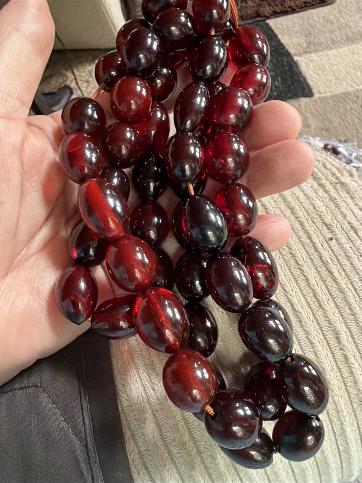 Vintage 120g Rare Cherry Red Amber Colors Bakelite Faturan 51 Beads 38”
