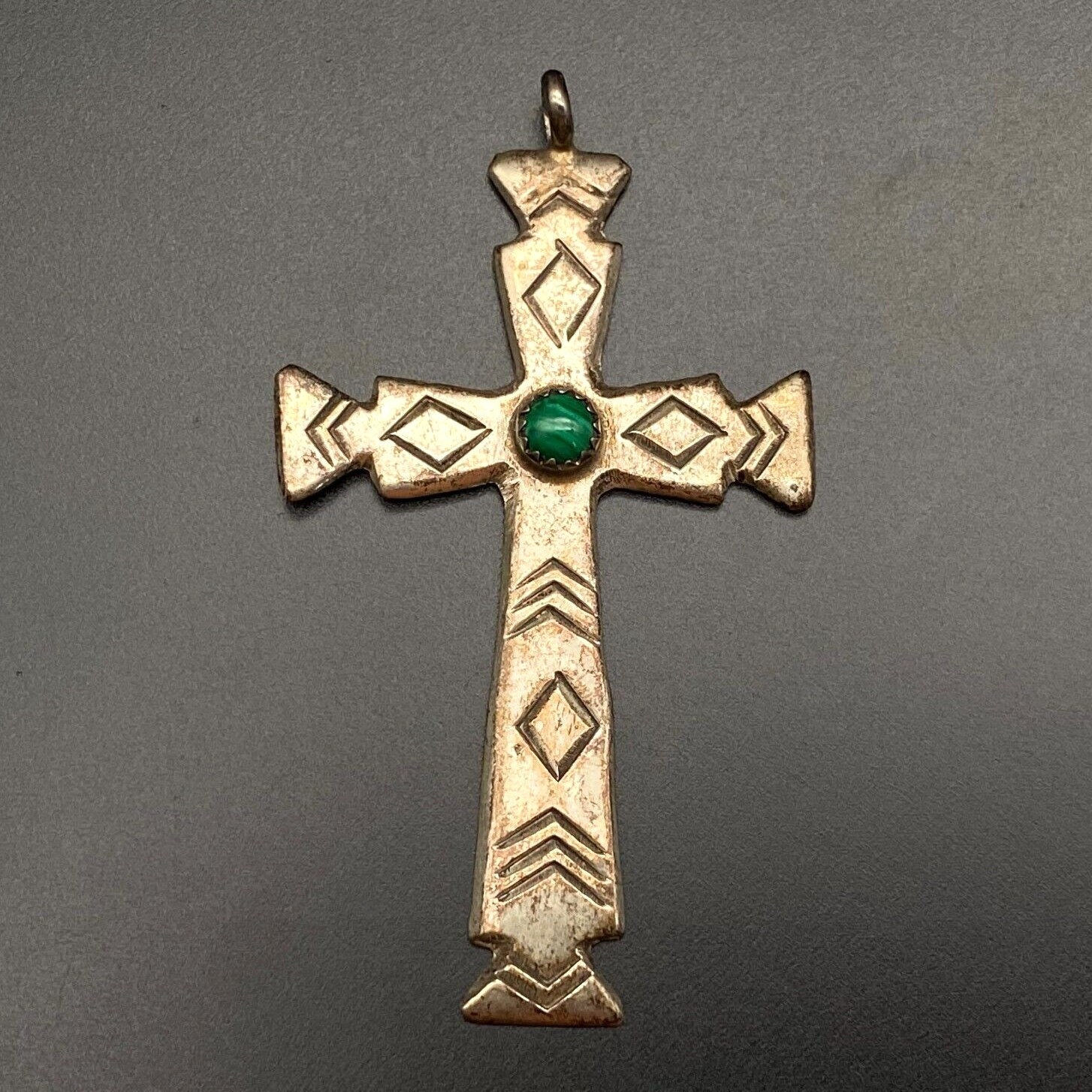 Vintage Southwestern Malachite Cross Sterling Silver Pendant