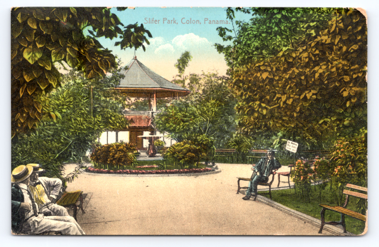 1917 Slifer Park Colon Panama Postcard Canal Zone Bandstand Fountain Park