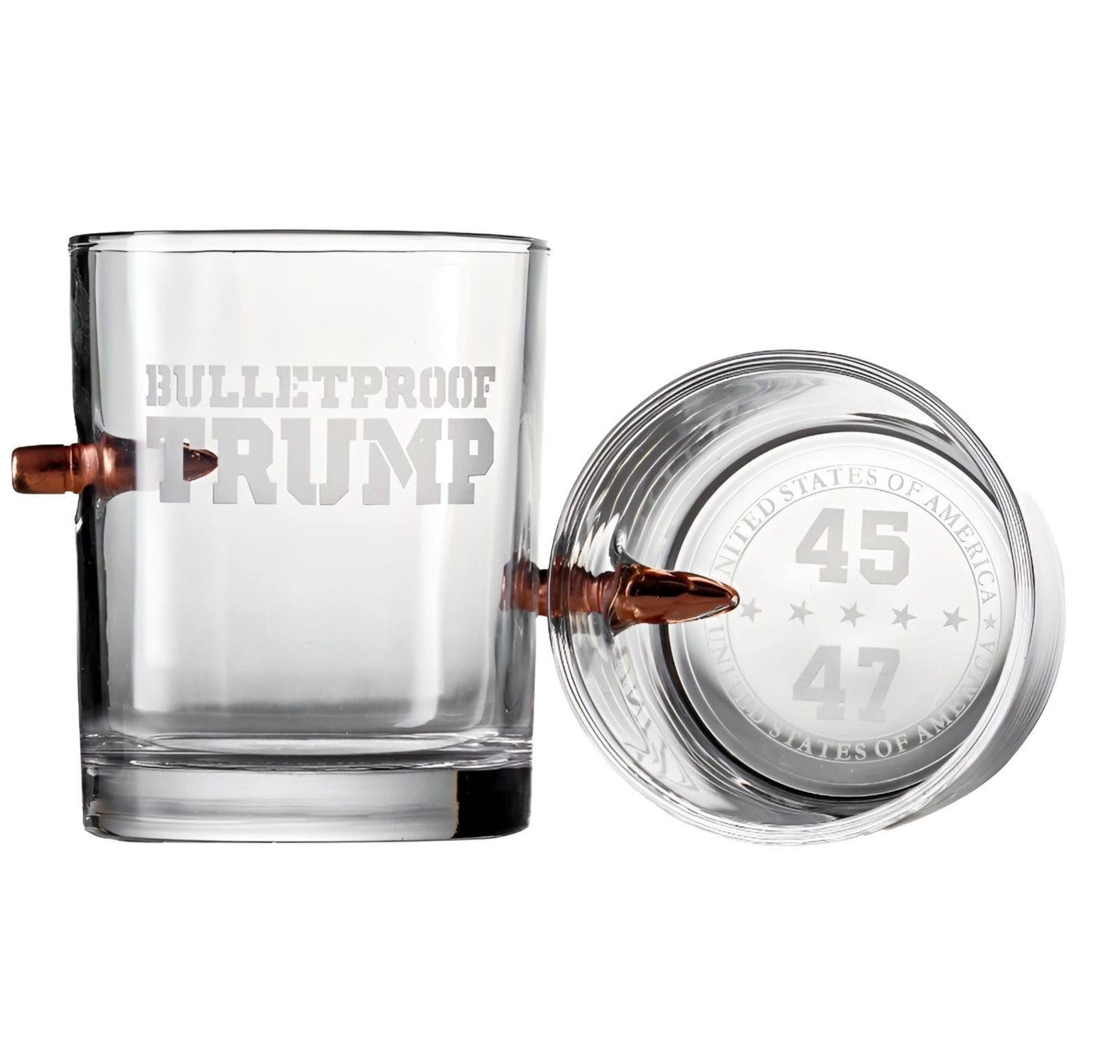 Trump Whiskey Glass with Embedded Bullet, Laser Engraved, Gift for Conservatives
