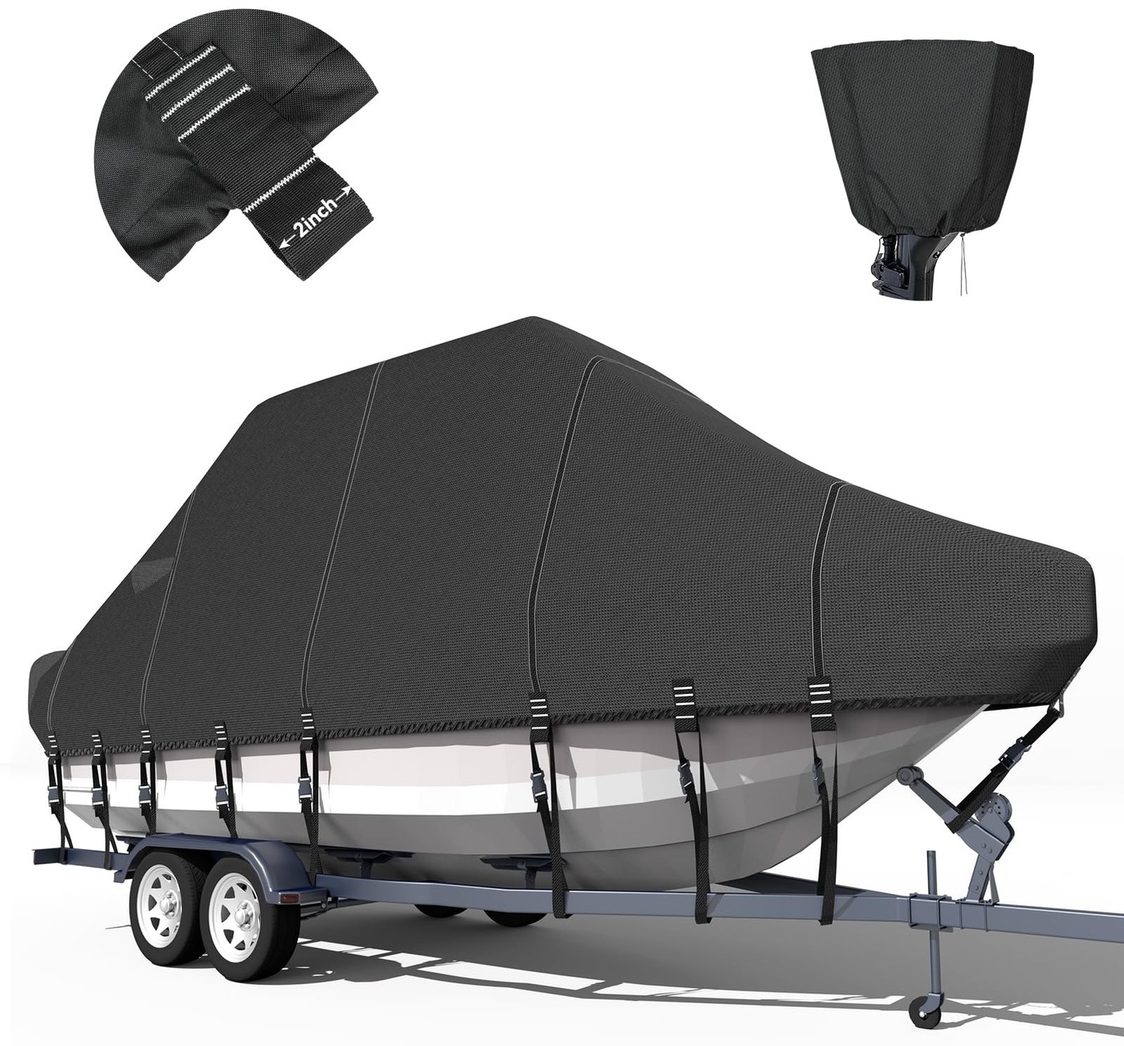 1200D T-Top Boat Cover 19'-21' with 2-in-1 Motor Cover & Storage Bag Black