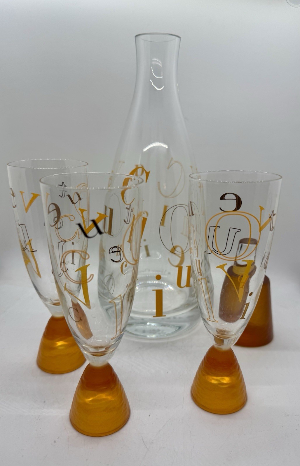 RARE Vintage Veuve Clicquot Alphabet Decanter w Stopper & Three Champagne Flutes