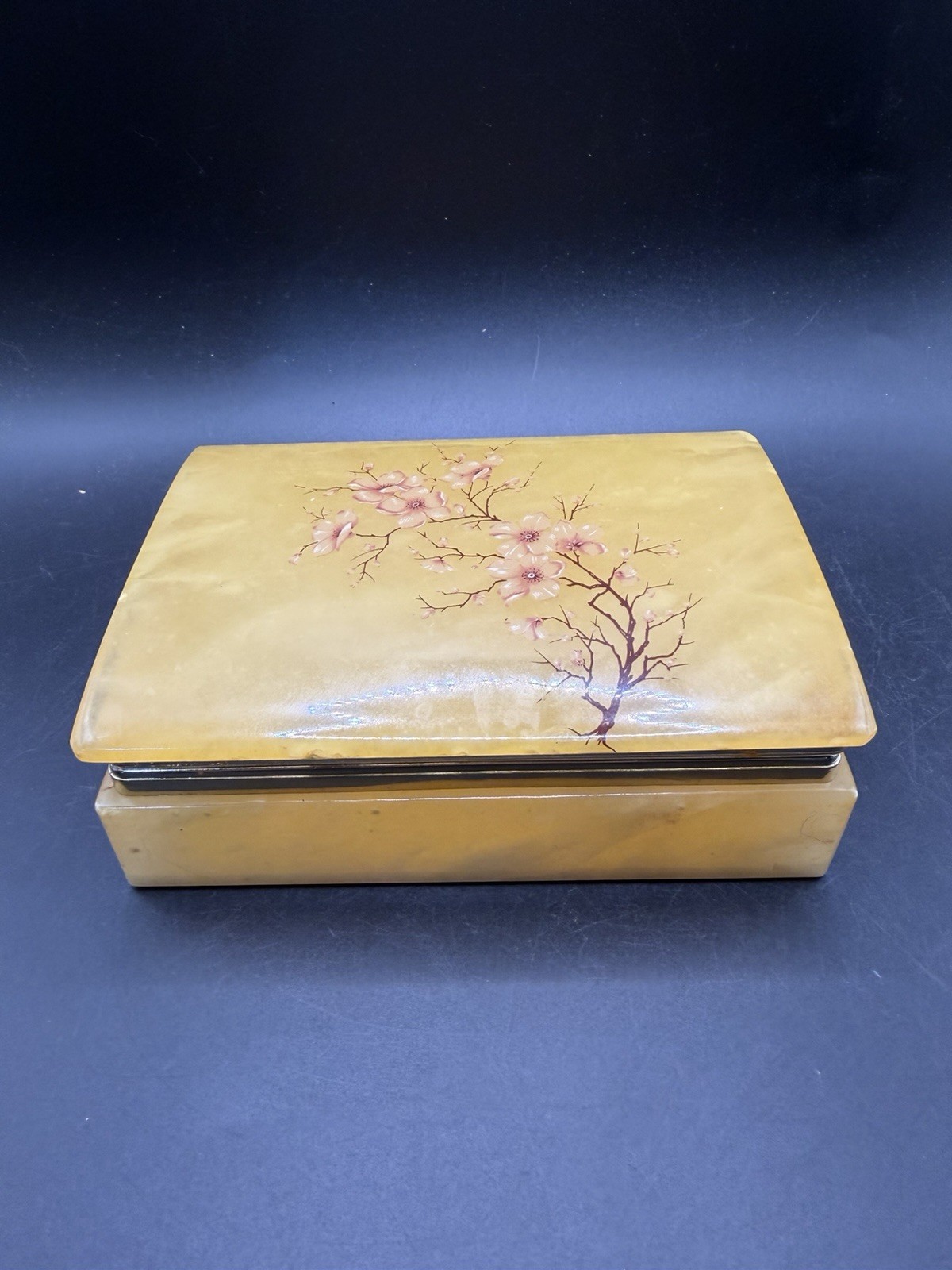 Vtg Italian Alabaster Trinket Box Orange Hand Painted Cherry Blossom Jewelry Cas