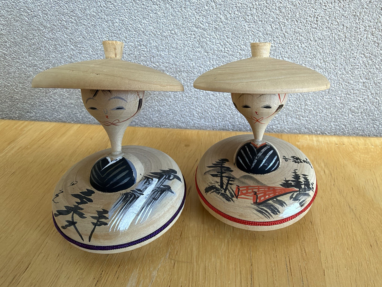 Vintage Japanese Wooden Kokeshi Spinning Tops Set of2 HandPainted Folk Art 1960s