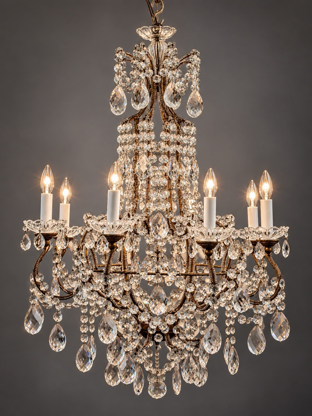 Antique French Italian Crystal Macaroni Beaded Bird Cage Chandelier 8 Light 26”