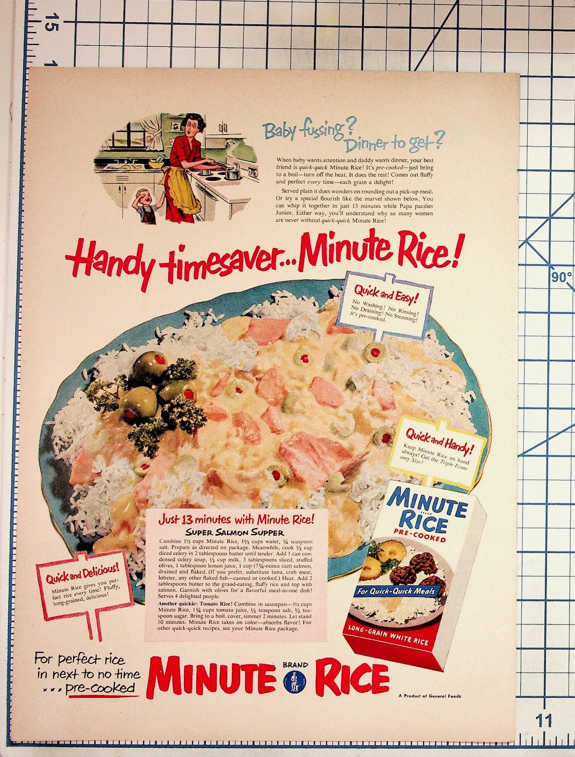 Vintage Minute Rice Magazine Ad 1950s Quick Easy Salmon Supper Recipe General