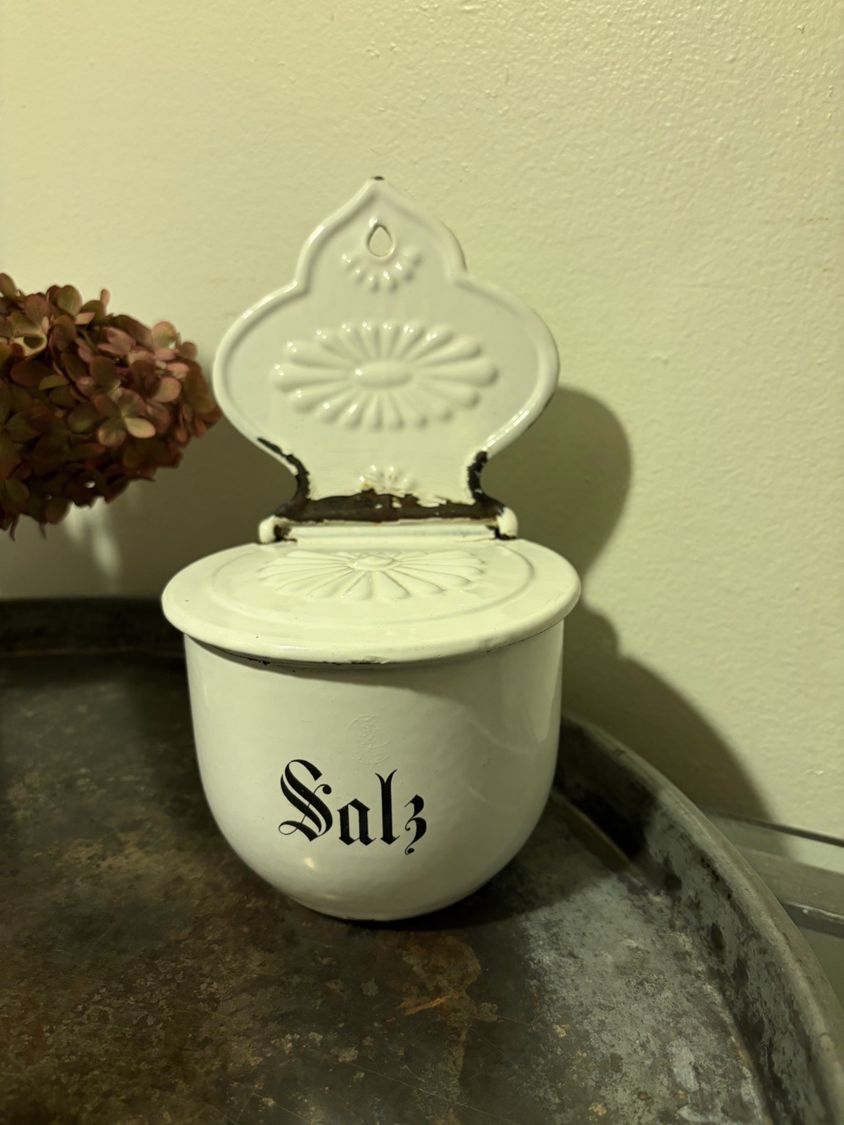 Antique German Enamelware SALT SALZ Canister Wall Box White & Black w Hinged Lid