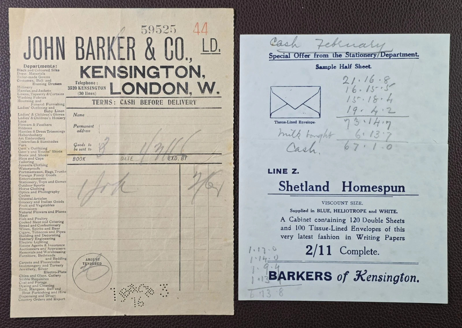 1916 John Barker & Co Ltd Barkers of Kensington London Receipts