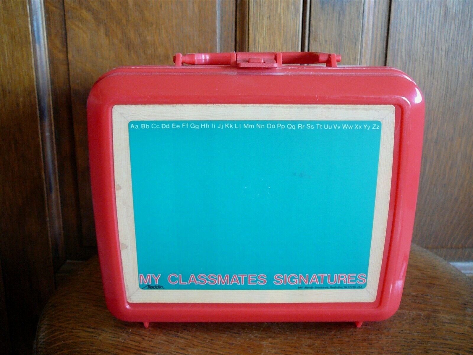 MY CLASSMATES SIGNATURES RED PLASTIC LUNCHBOX & DRINK BOX HOLDER ALLADIN VG