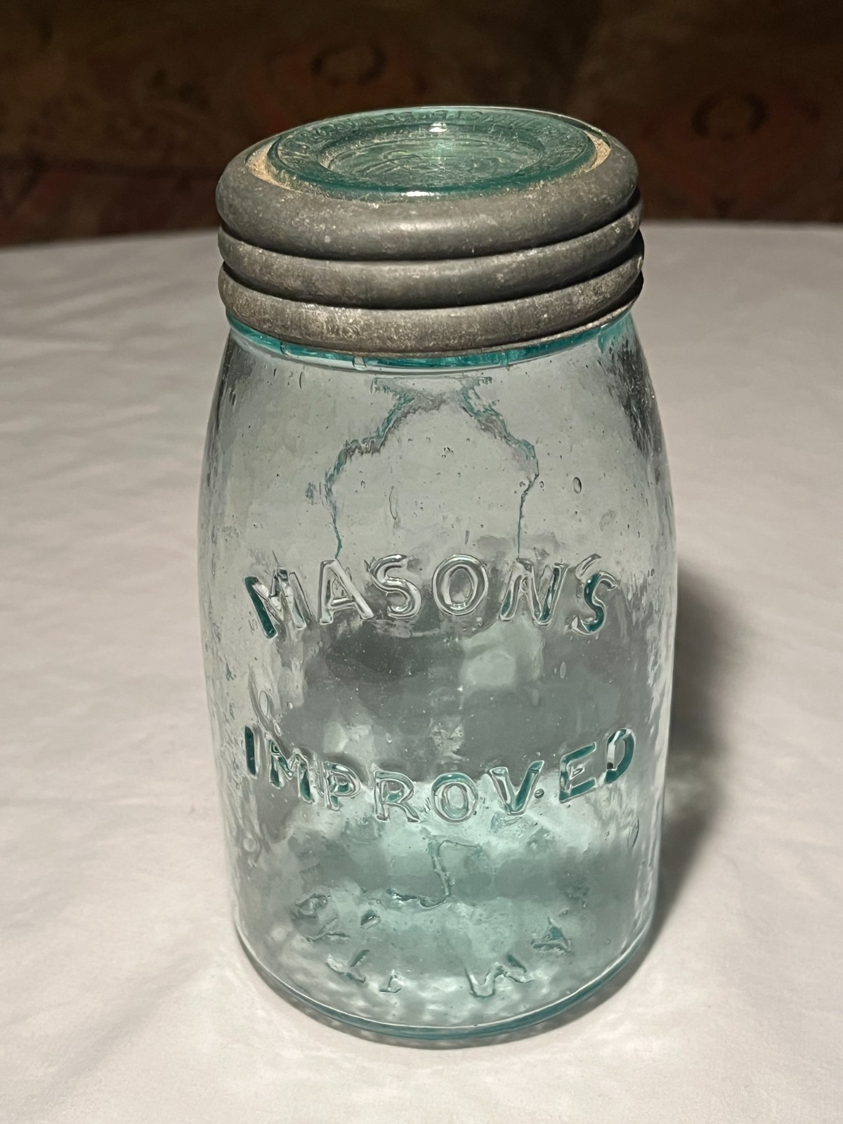 c1880s Mason's Improved Hour Glass on reverse, Aqua Midget Pint Fruit Jar